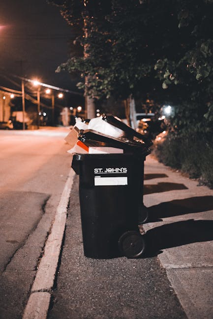 A waste collection worker wearing a red and yellow uniform is standing beside a large red rubbish collection truck on a paved roadside area. The truck’s rear compactor mechanism is visible, with a m